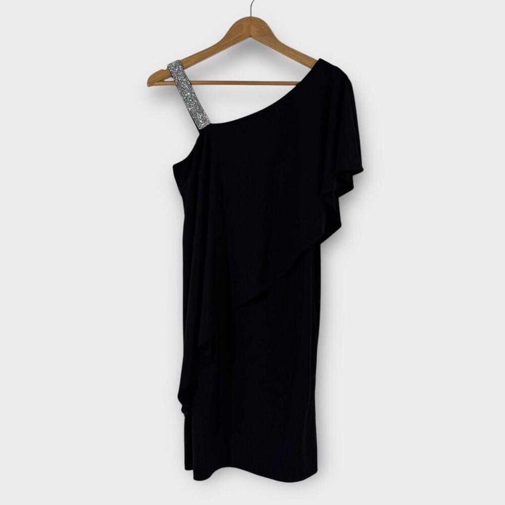 Roz & Ali Women’s Size Small Black Jeweled Strap Flutter Sleeve Stretch Dress